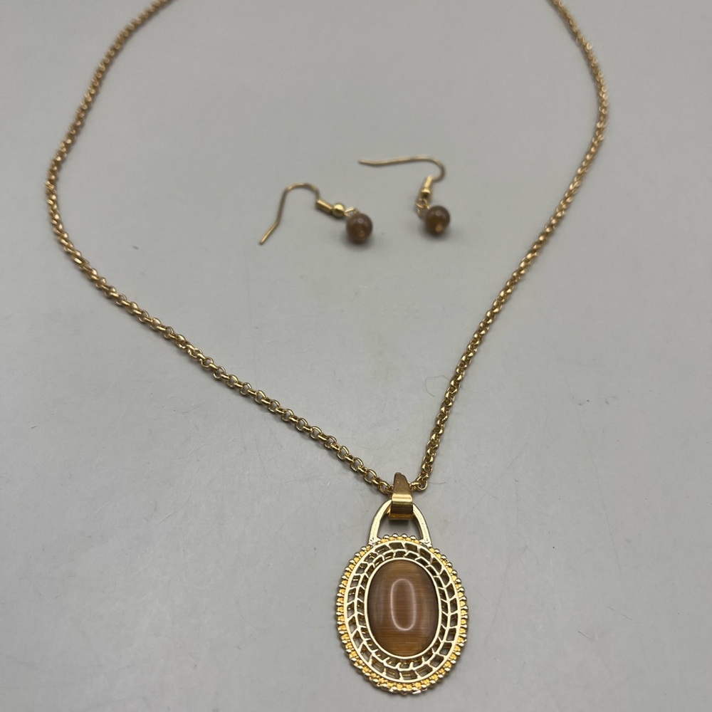 Elegant Gold and Brown Tiger Eye Necklace and Earring Set